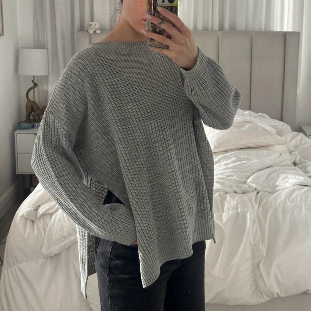 Gray Chunky Knit Oversized Sweater Slouchy Cozy Side Slit Size M